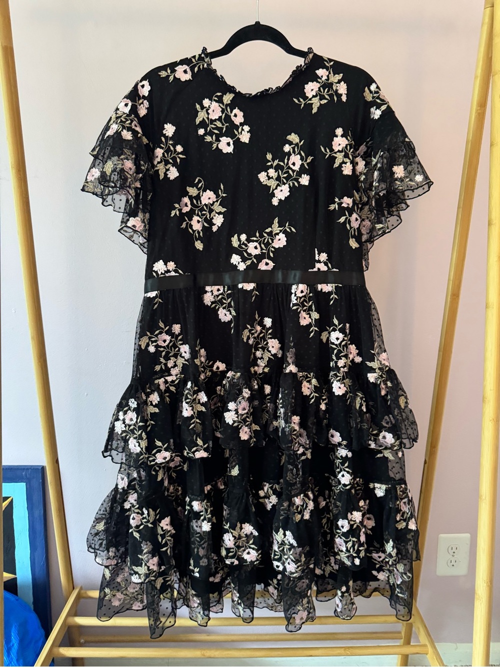 Rachel Parcell Black Dress with Pink Floral Embroidery, Size XL